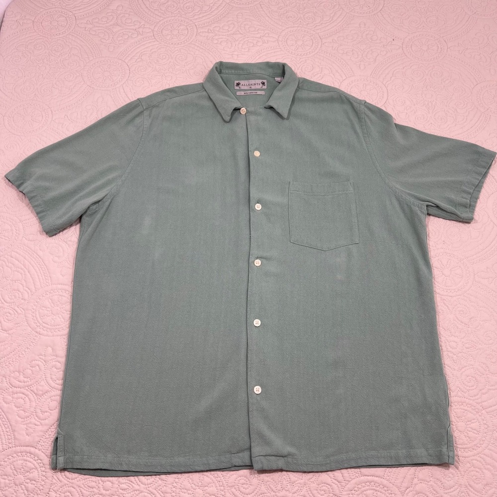 AllSaints Relaxed Fit Cudi Camp Collar Shirt Sage Green Mens XL Linen Blend - Picture 2 of 9